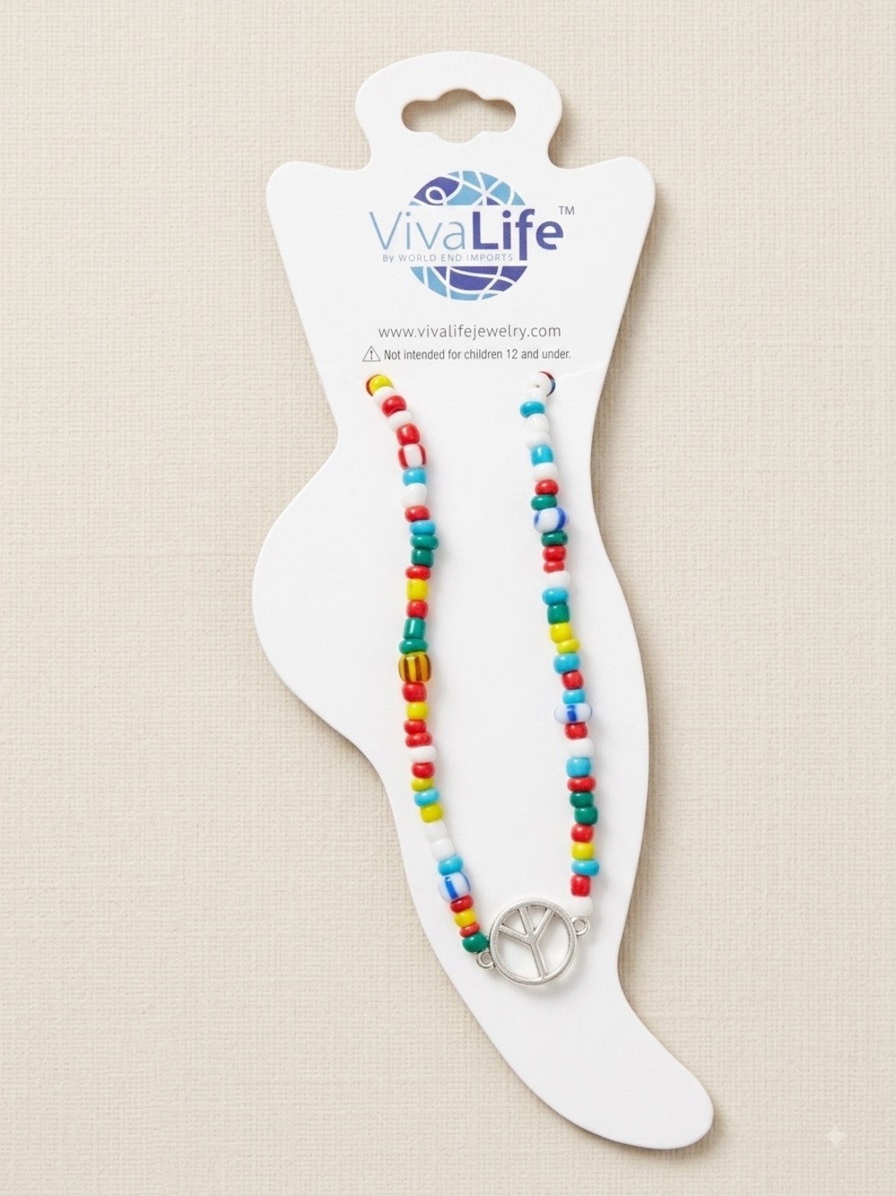 VivaLife Multicolor Kids Beaded Ankle Bracelet with Silver Peace Charm